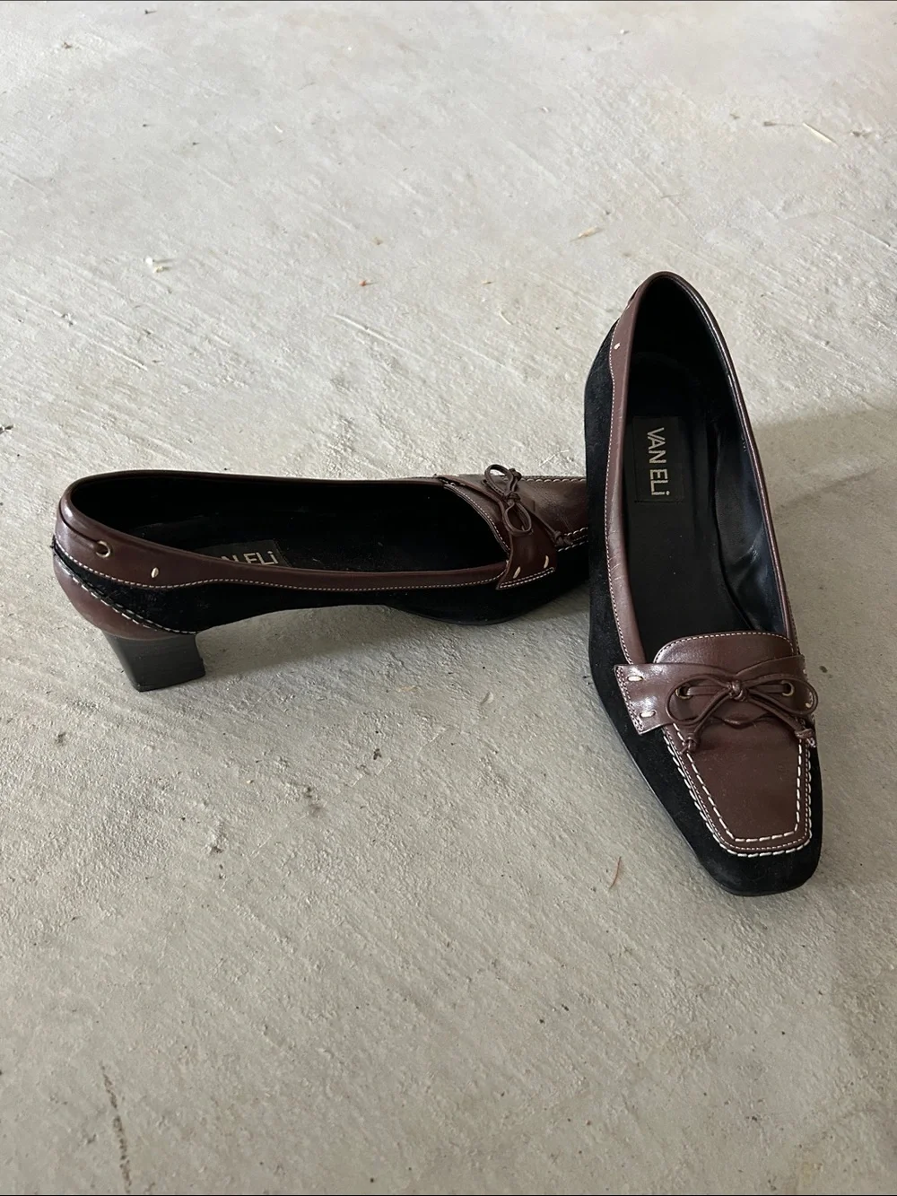 Vaneli Black Suede with Brown Leather Trim Kitten Heel Loafers